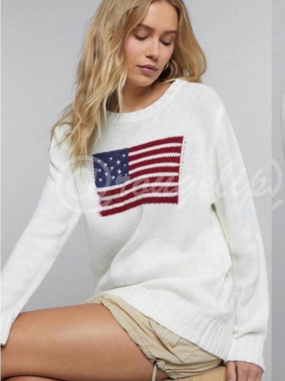 White Handknit American Flag Crewneck Sweater- Sz L